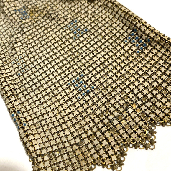 Vintage 1920s metal mesh purse Art Deco geometric white enamel blue gold flaws - Picture 4 of 12